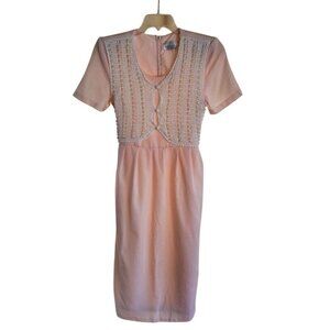 Vintage Halmode Petites Peach Gingham Dress Sz 8P Crochet Pearl Trim Cottagecore